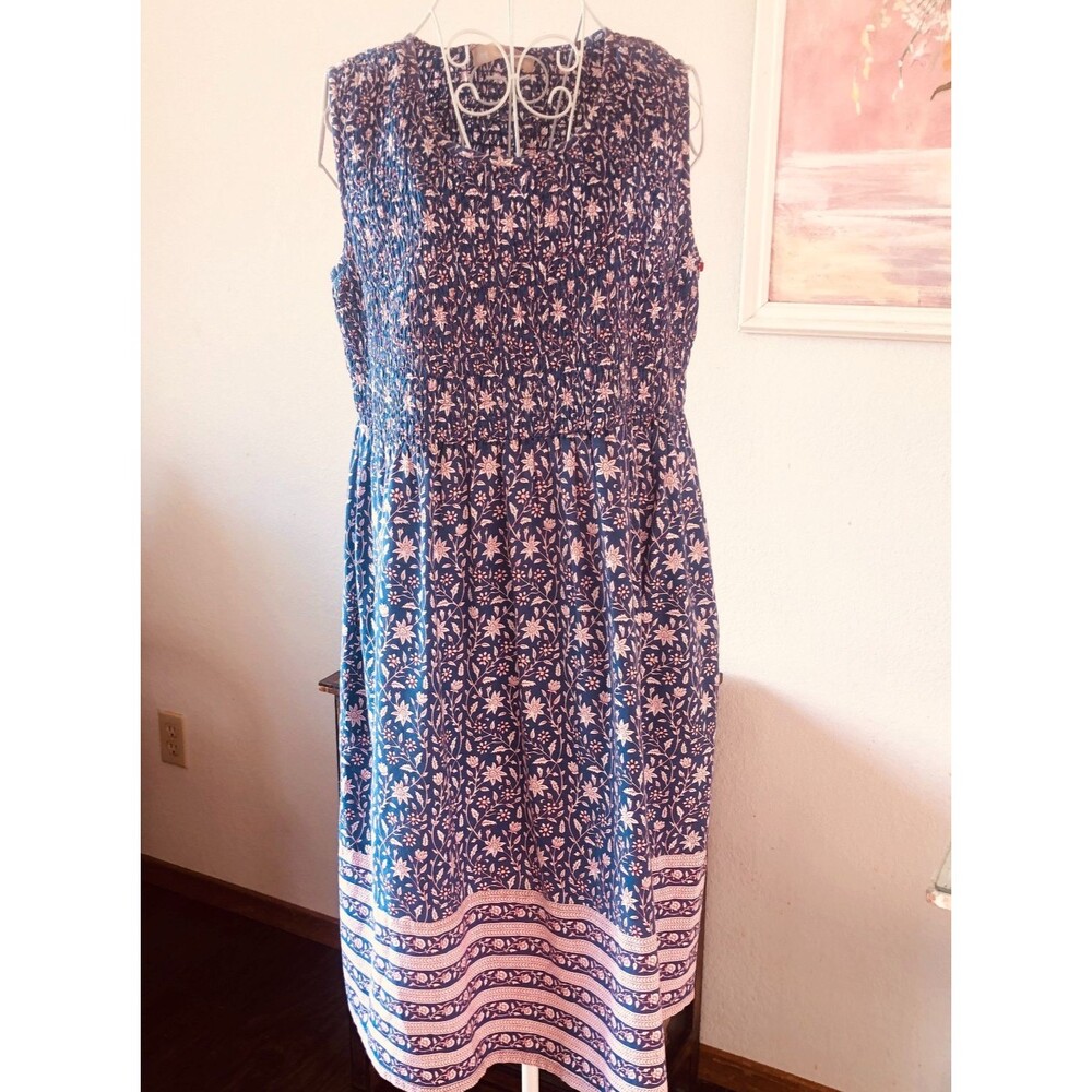 La Cera Blue Floral Smocked Summer Midi Dress Size M Cotton India